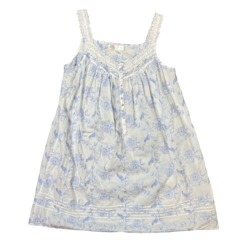 Eileen West Blue Floral Embroidered Cotton Lace Nightgown Sleeveless Medium